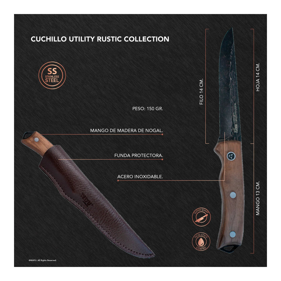 Cuchillo Utility Wayu con Funda Rustic Collection + Grabado Personalizado