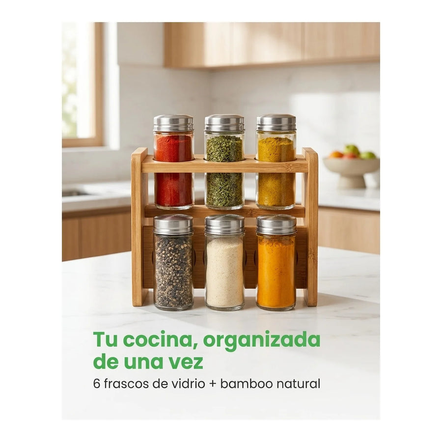 Especiero Condimentero 6 Frascos Cocina Bamboo Wayu Color Transparente