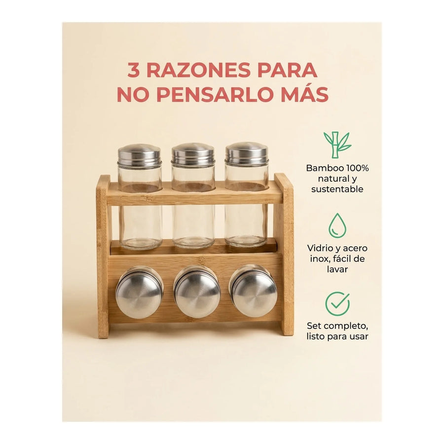 Especiero Condimentero 6 Frascos Cocina Bamboo Wayu Color Transparente