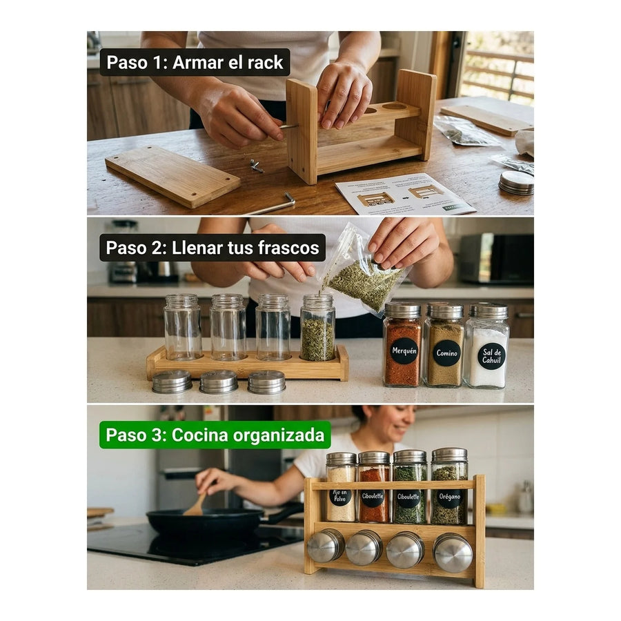 Especiero Condimentero 6 Frascos Cocina Bamboo Wayu Color Transparente