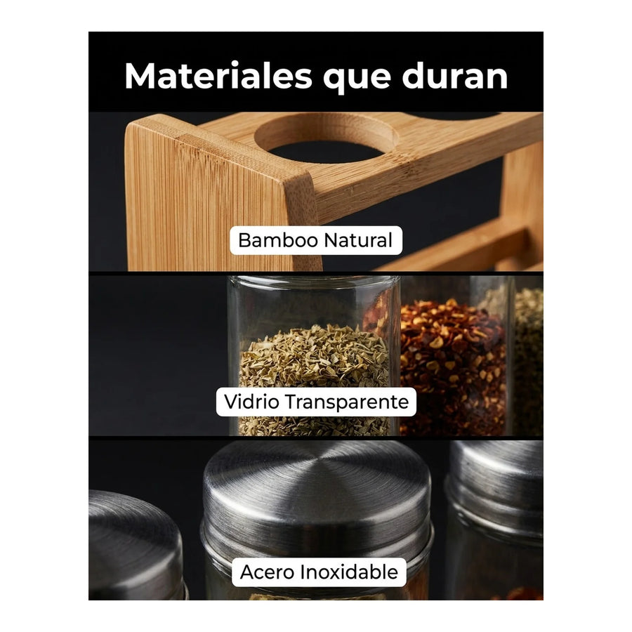 Especiero Condimentero 6 Frascos Cocina Bamboo Wayu Color Transparente