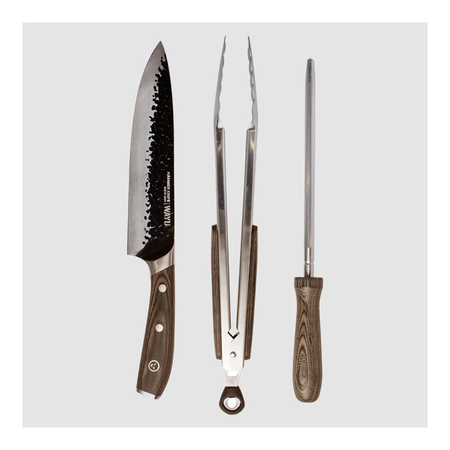Kit Parrillero Premium Wayu 3 Piezas Con Estuche Y Cuchillo + Grabado Personalizado