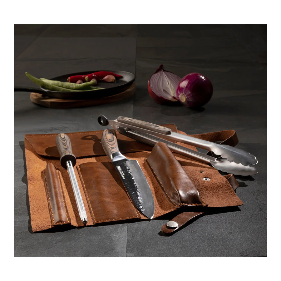 Kit Parrillero Premium Wayu 3 Piezas Con Estuche Y Cuchillo + Grabado Personalizado