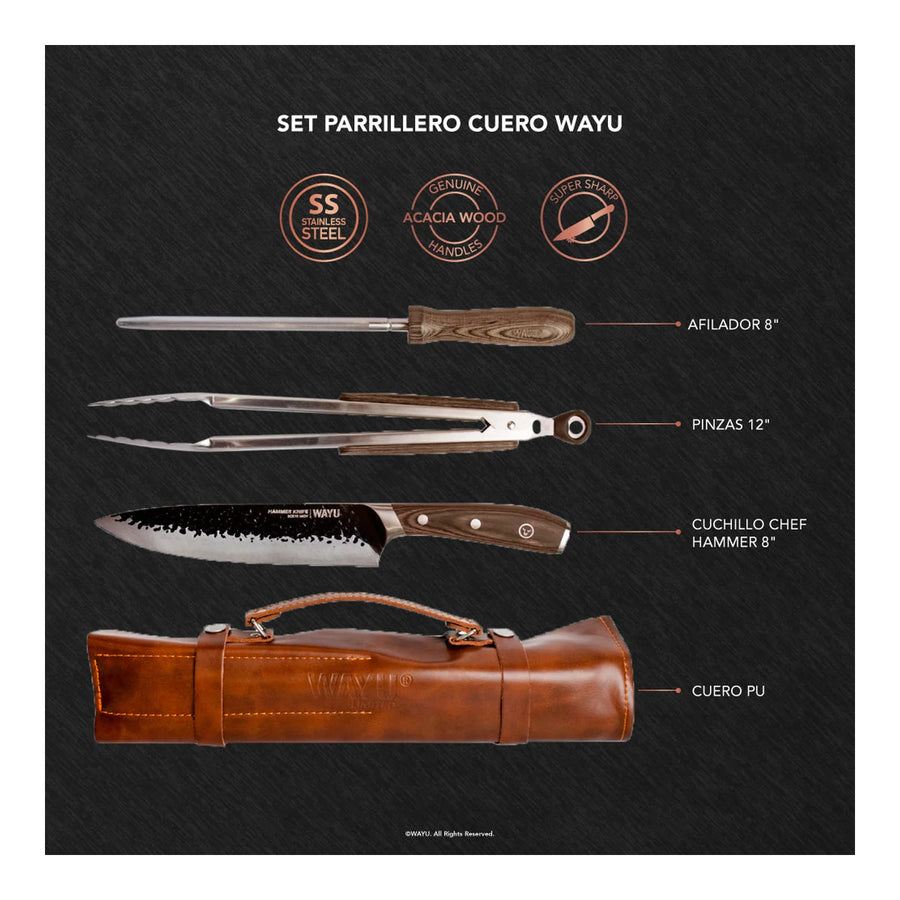 Kit Parrillero Premium Wayu 3 Piezas Con Estuche Y Cuchillo + Grabado Personalizado