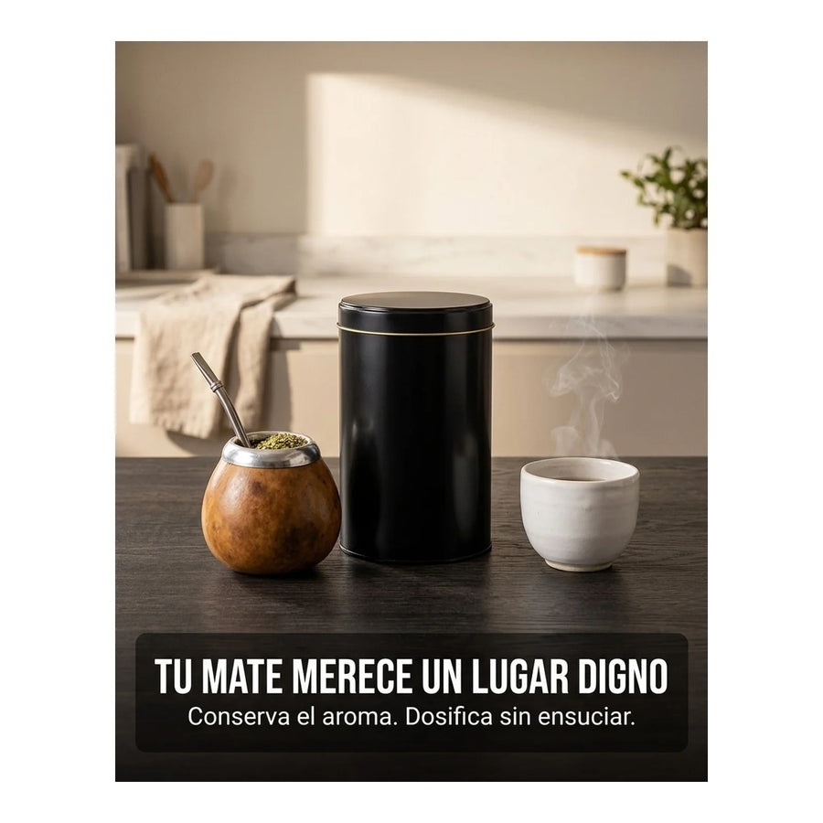 Lata Yerbera Cilíndrica para Mate Negra + Grabado Personalizado