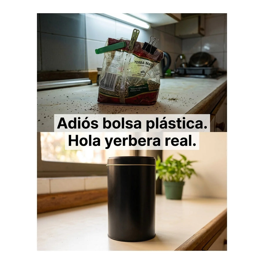 Lata Yerbera Cilíndrica para Mate Negra + Grabado Personalizado