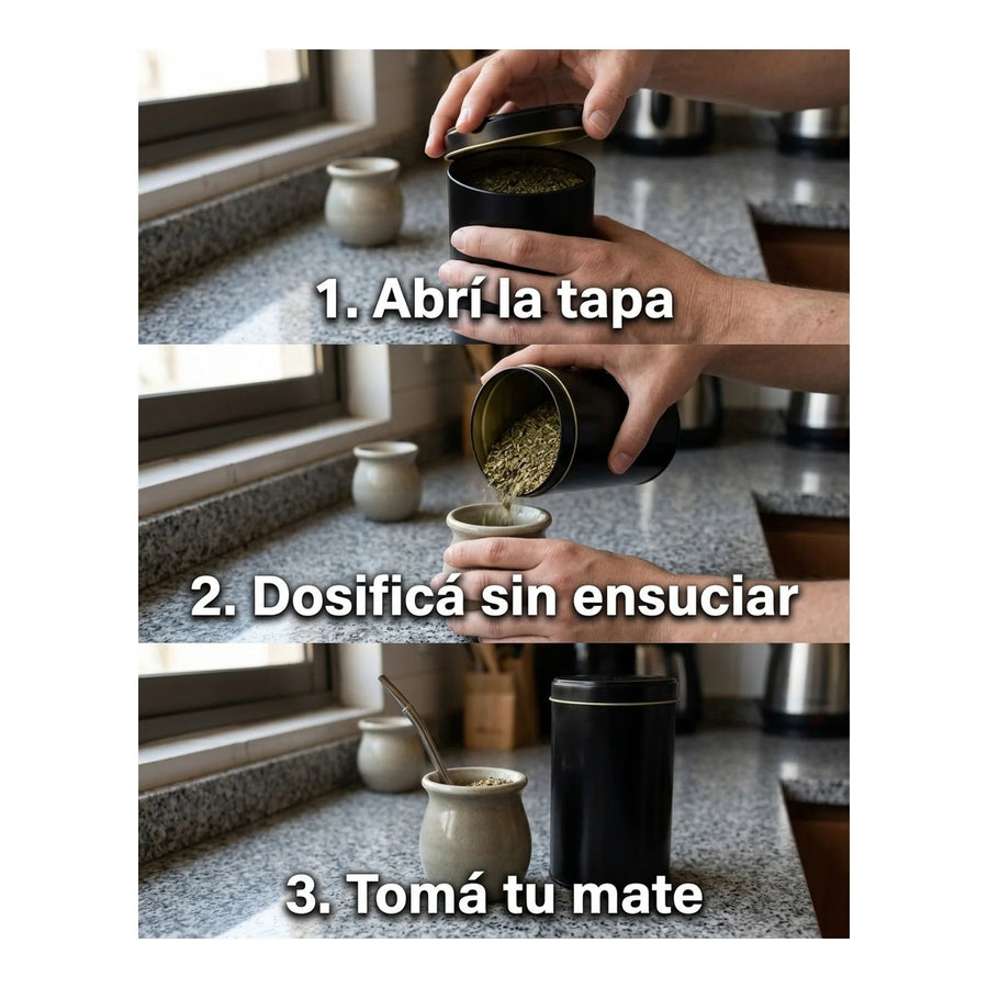Lata Yerbera Cilíndrica para Mate Negra + Grabado Personalizado