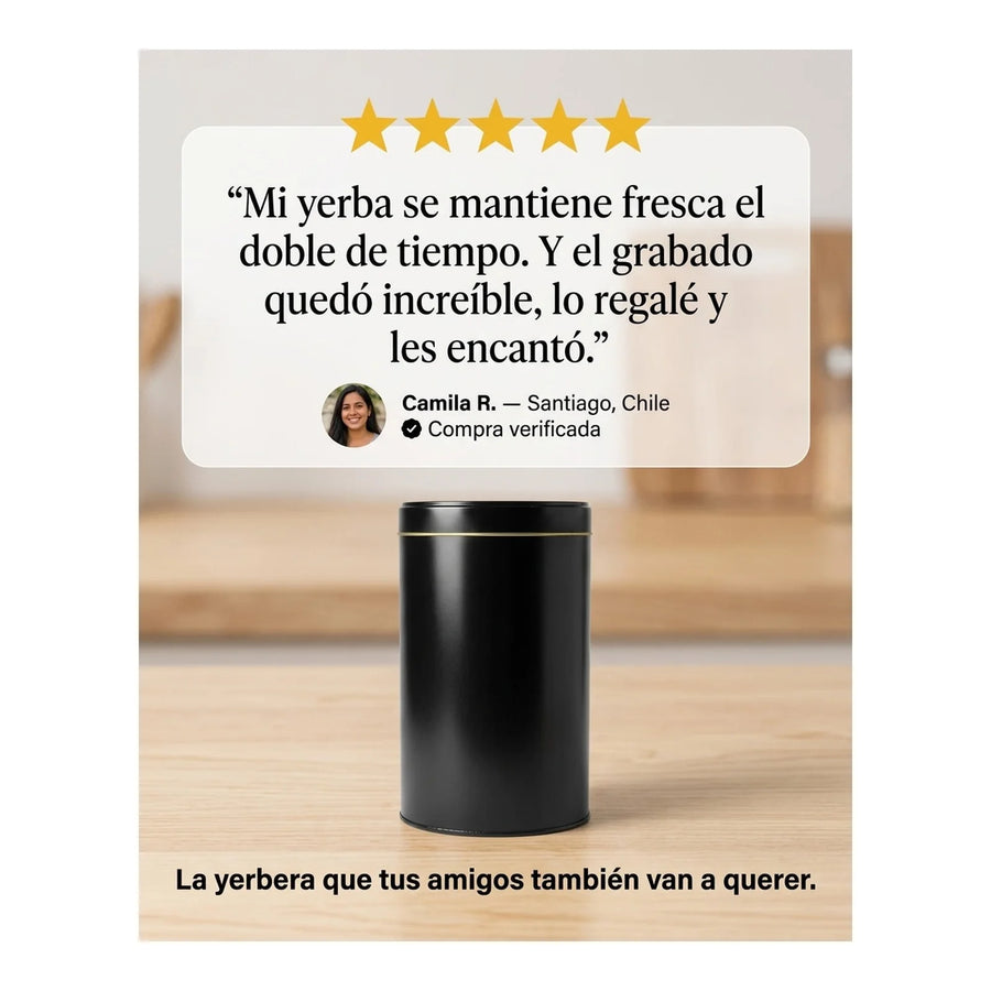 Lata Yerbera Cilíndrica para Mate Negra + Grabado Personalizado