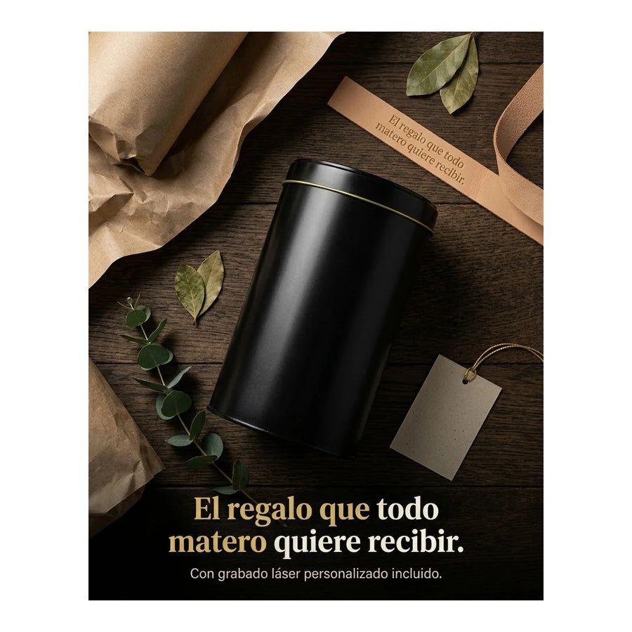 Lata Yerbera Cilíndrica para Mate Negra + Grabado Personalizado