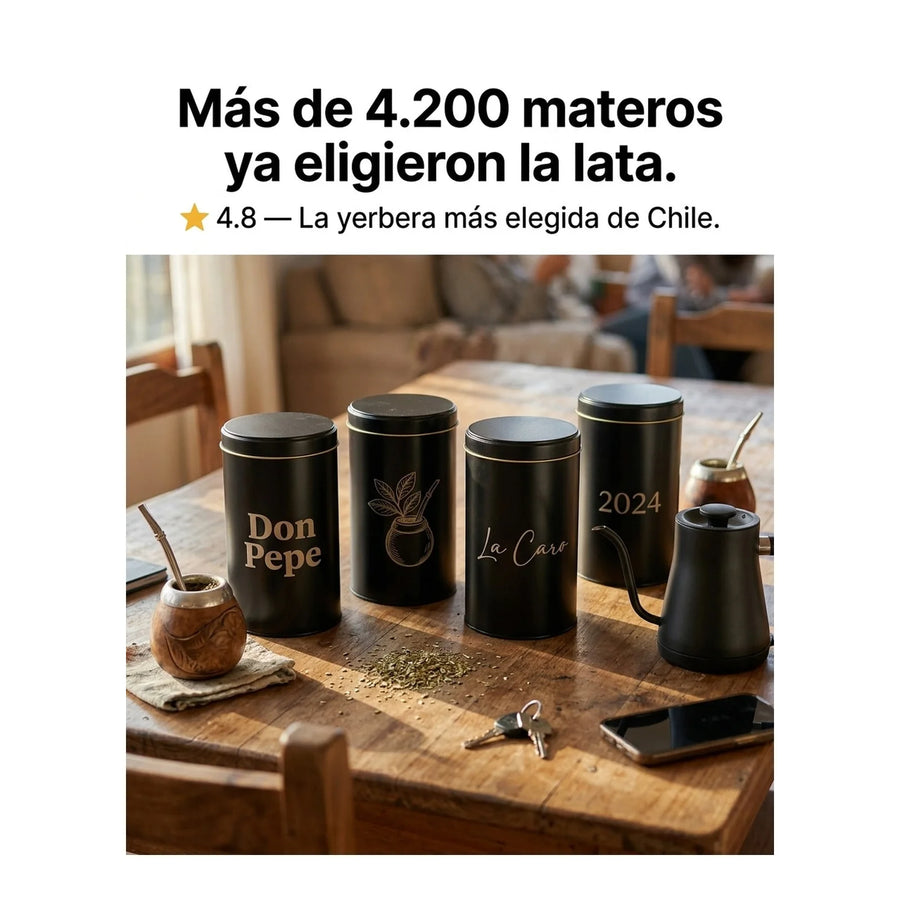 Lata Yerbera Cilíndrica para Mate Negra + Grabado Personalizado