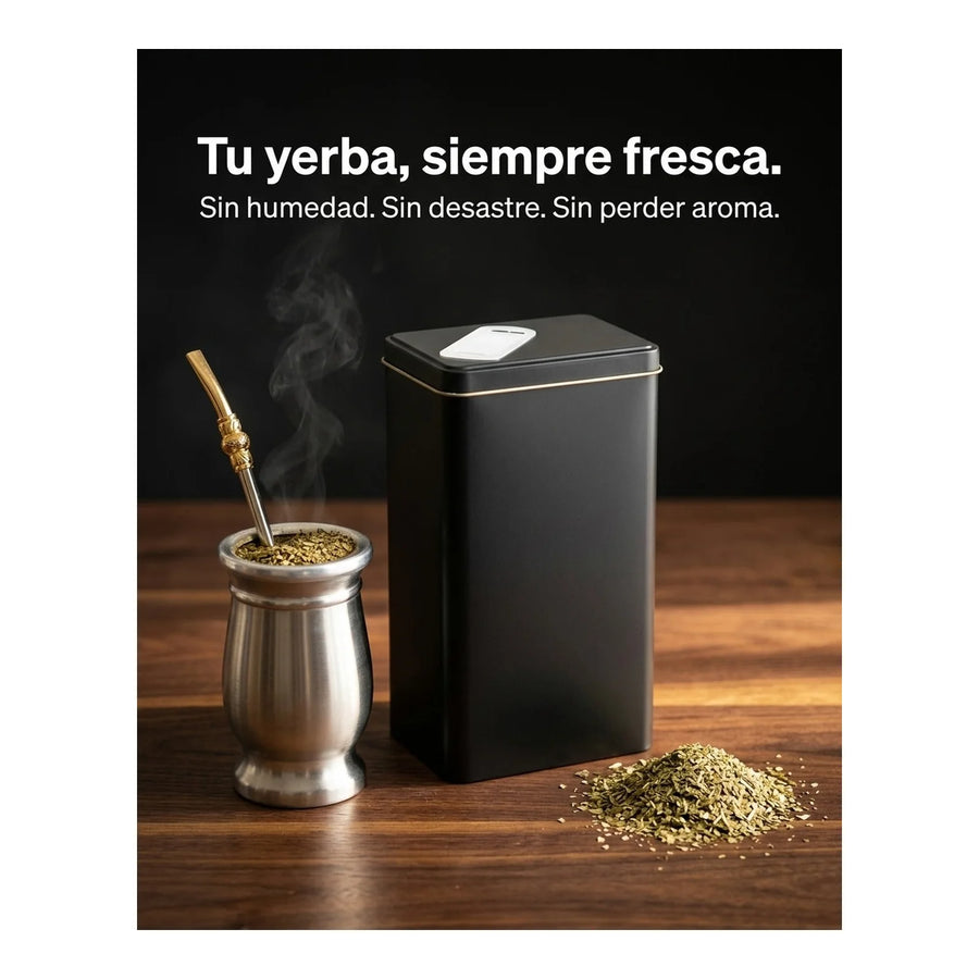 Lata Yerbera Rectangular para Mate Negra + Grabado Personalizado