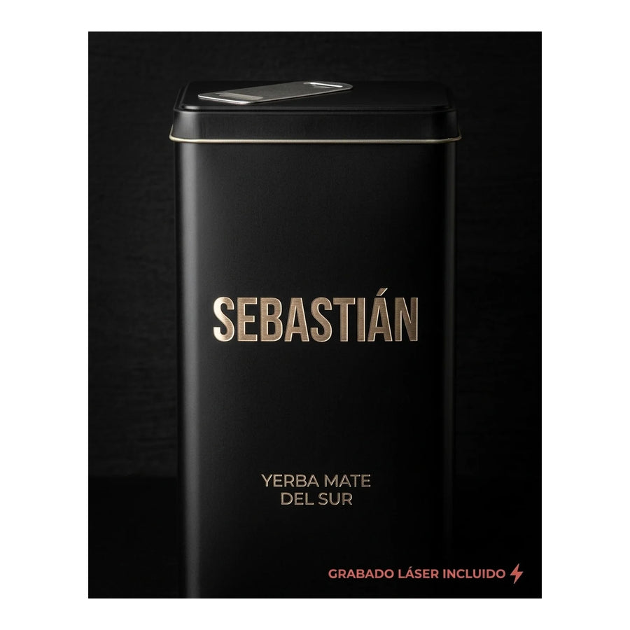 Lata Yerbera Rectangular para Mate Negra + Grabado Personalizado