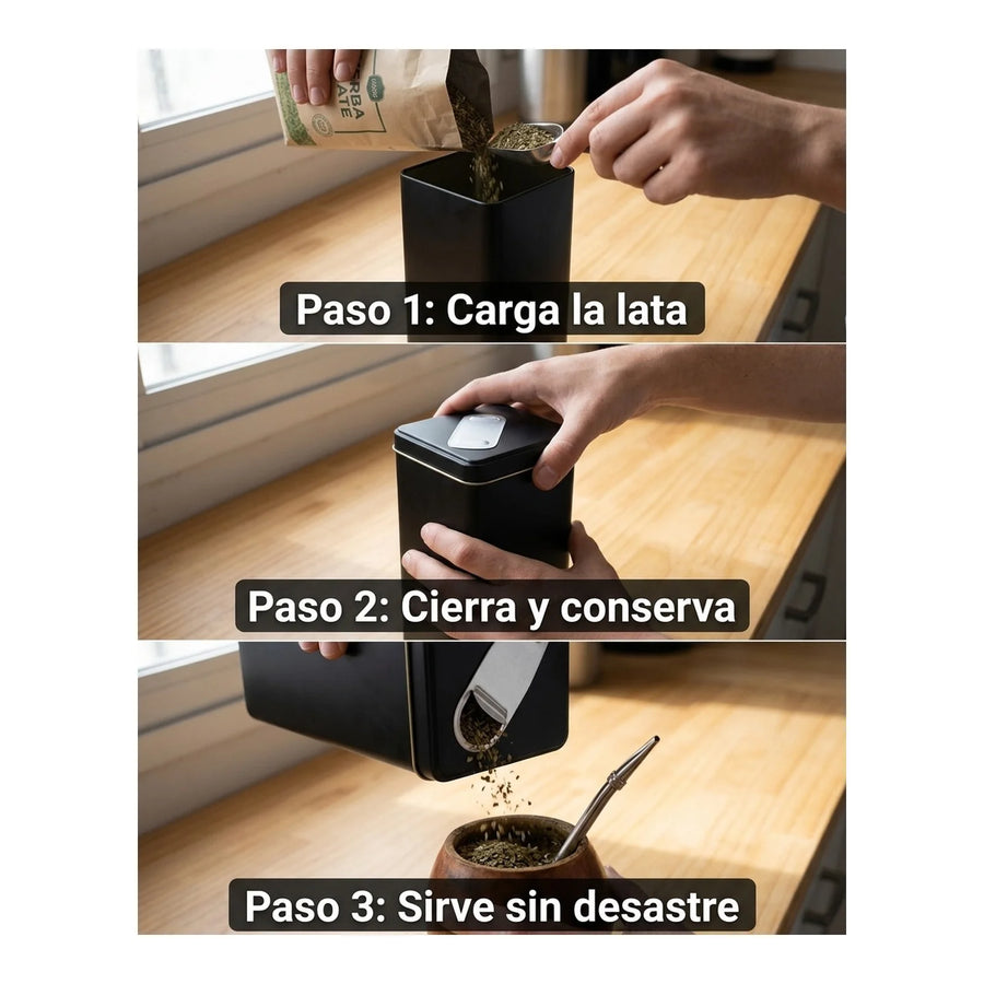 Lata Yerbera Rectangular para Mate Negra + Grabado Personalizado
