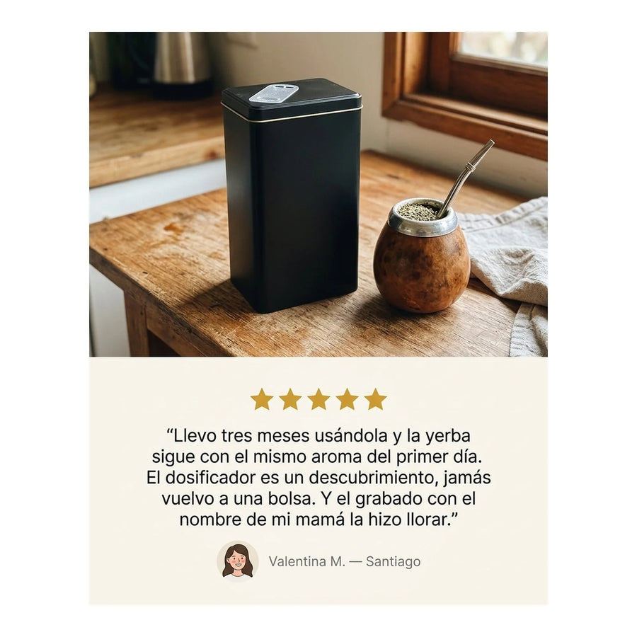 Lata Yerbera Rectangular para Mate Negra + Grabado Personalizado