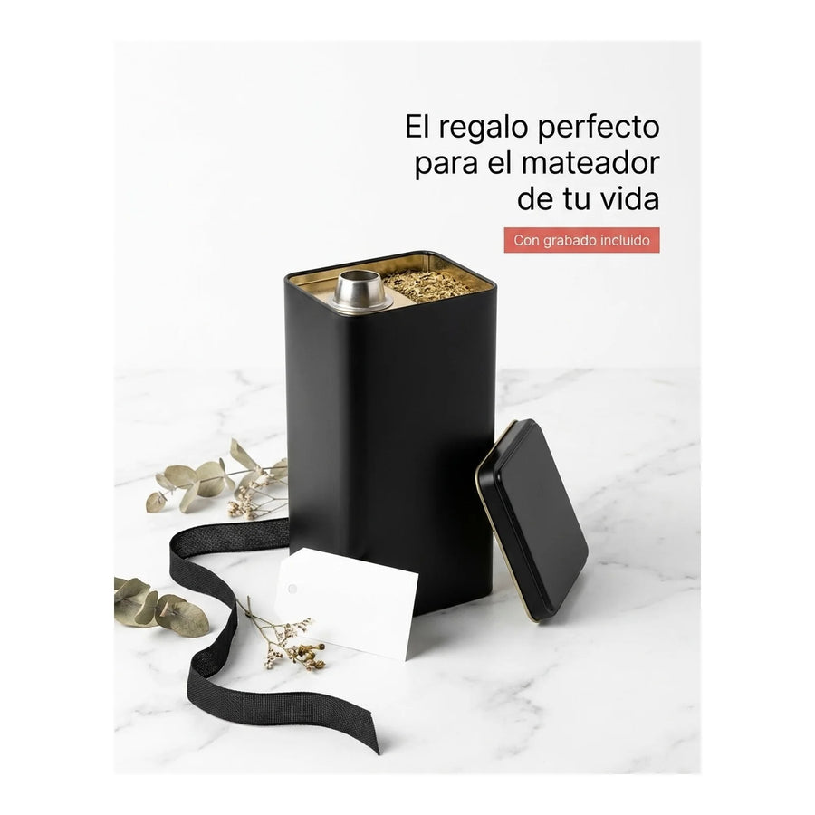 Lata Yerbera Rectangular para Mate Negra + Grabado Personalizado