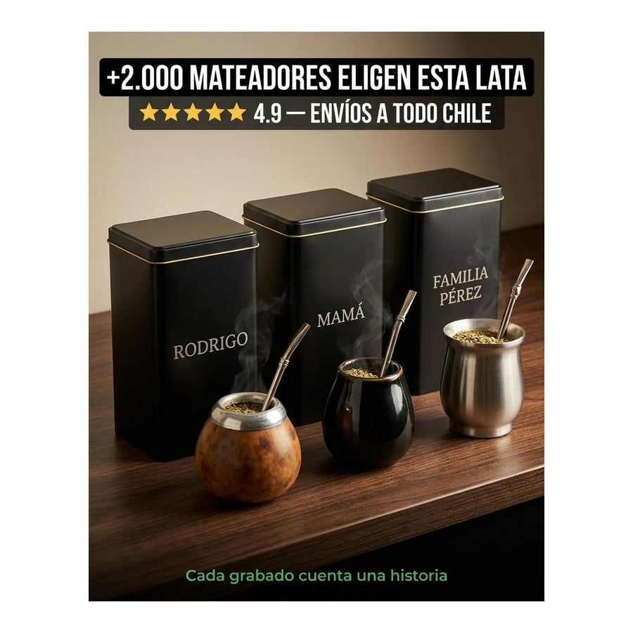Lata Yerbera Rectangular para Mate Negra + Grabado Personalizado