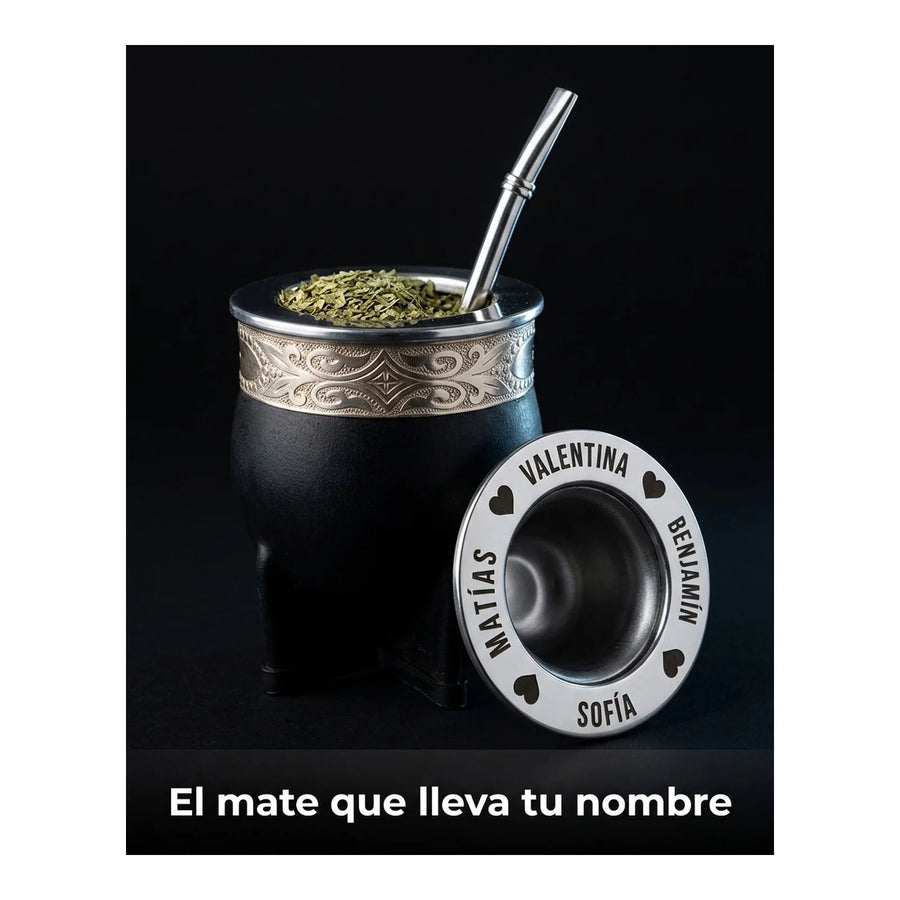 Mate Imperial Negro Alpaca Cincelado Interior Inoxiable + Grabado Personalizado