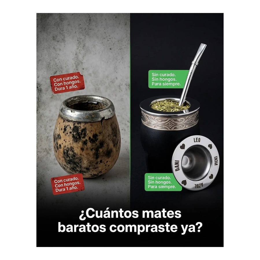 Mate Imperial Negro Alpaca Cincelado Interior Inoxiable + Grabado Personalizado