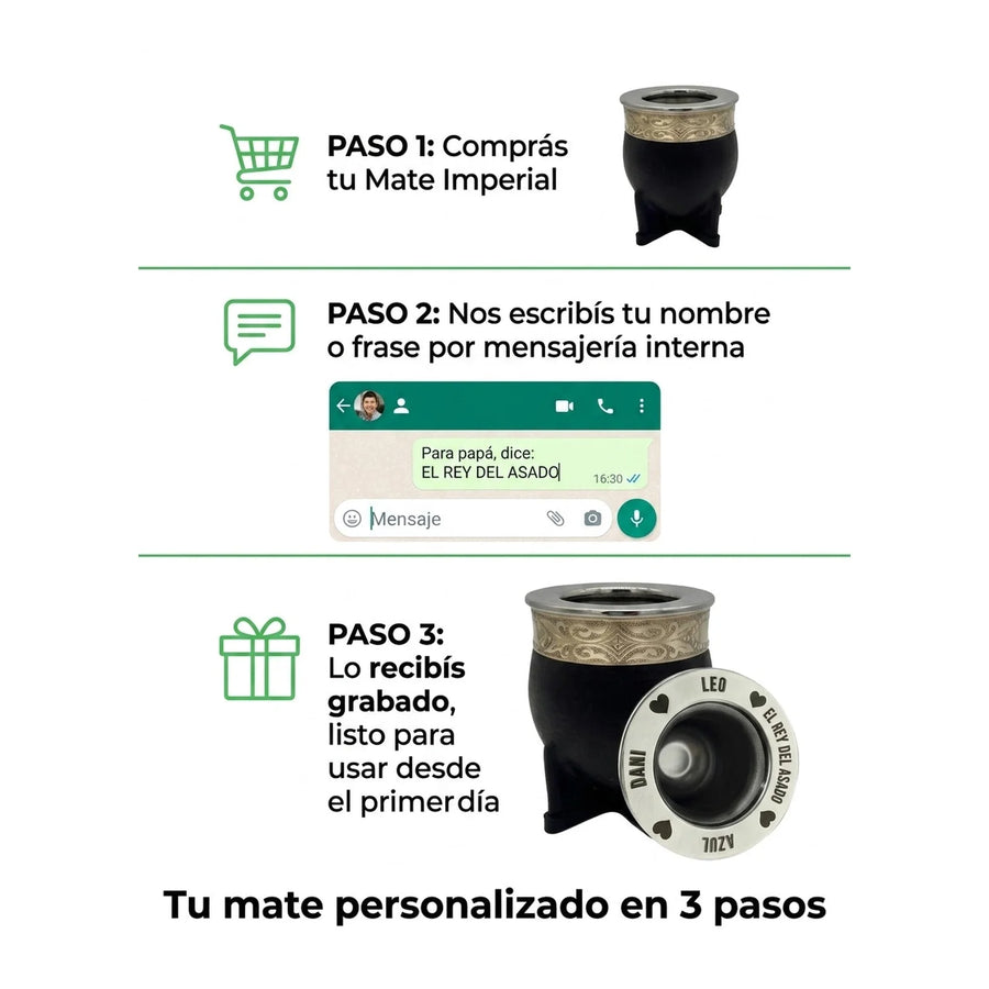 Mate Imperial Negro Alpaca Cincelado Interior Inoxiable + Grabado Personalizado
