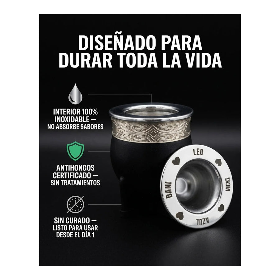 Mate Imperial Negro Alpaca Cincelado Interior Inoxiable + Grabado Personalizado