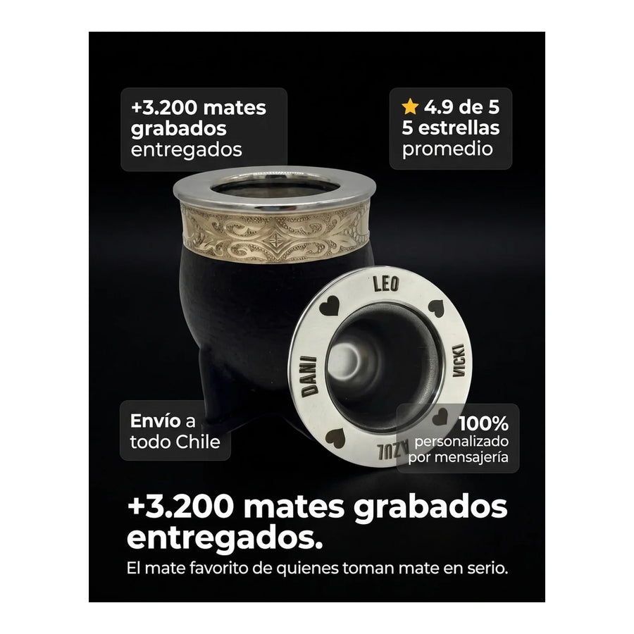 Mate Imperial Negro Alpaca Cincelado Interior Inoxiable + Grabado Personalizado