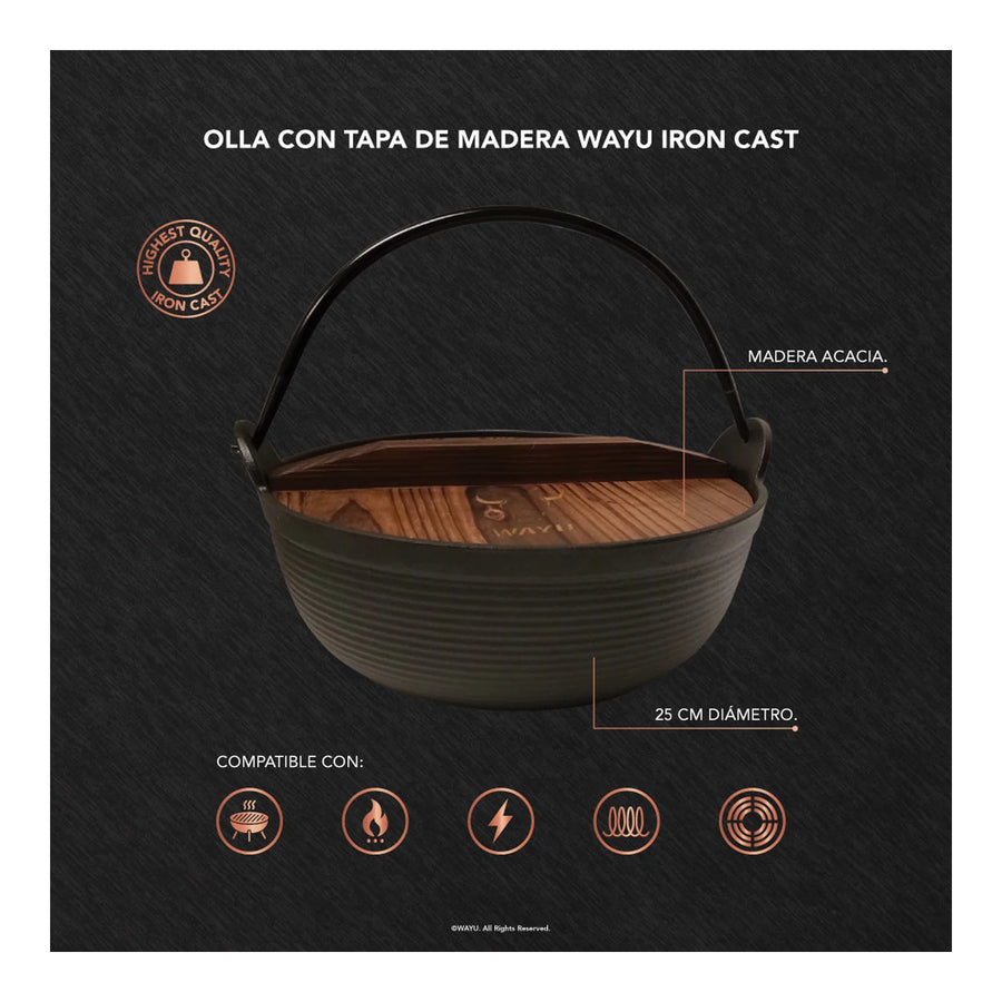 Olla Wayu Hierro Fundido Tapa De Madera 25cm  Asado Cocina