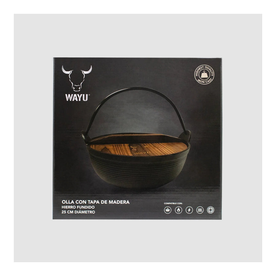 Olla Wayu Hierro Fundido Tapa De Madera 25cm  Asado Cocina