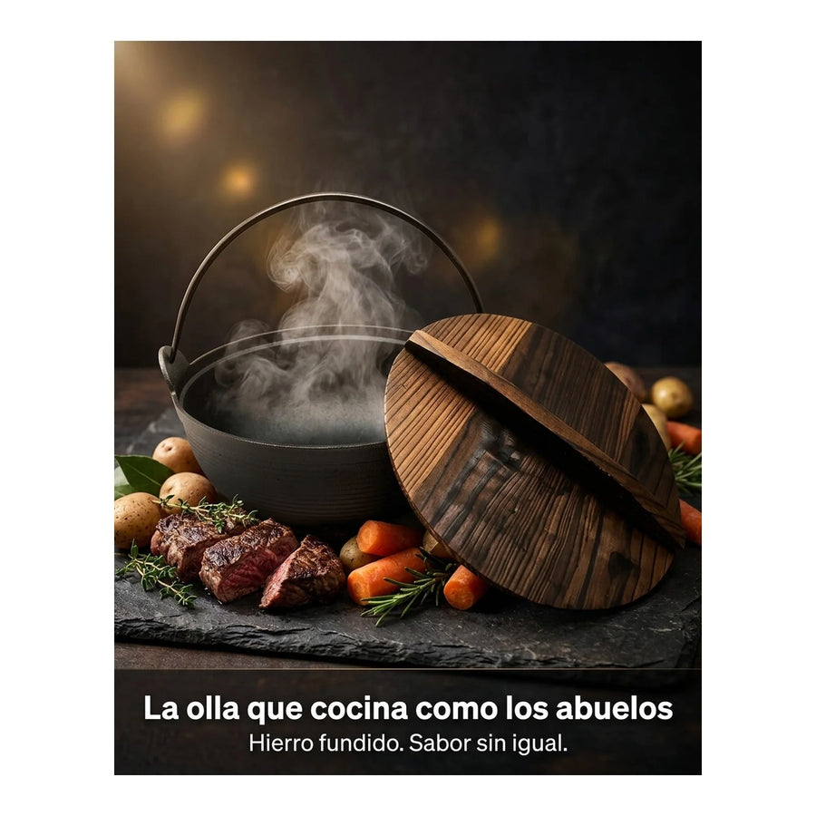 Olla Wayu Hierro Fundido Tapa De Madera 25cm  Asado Cocina
