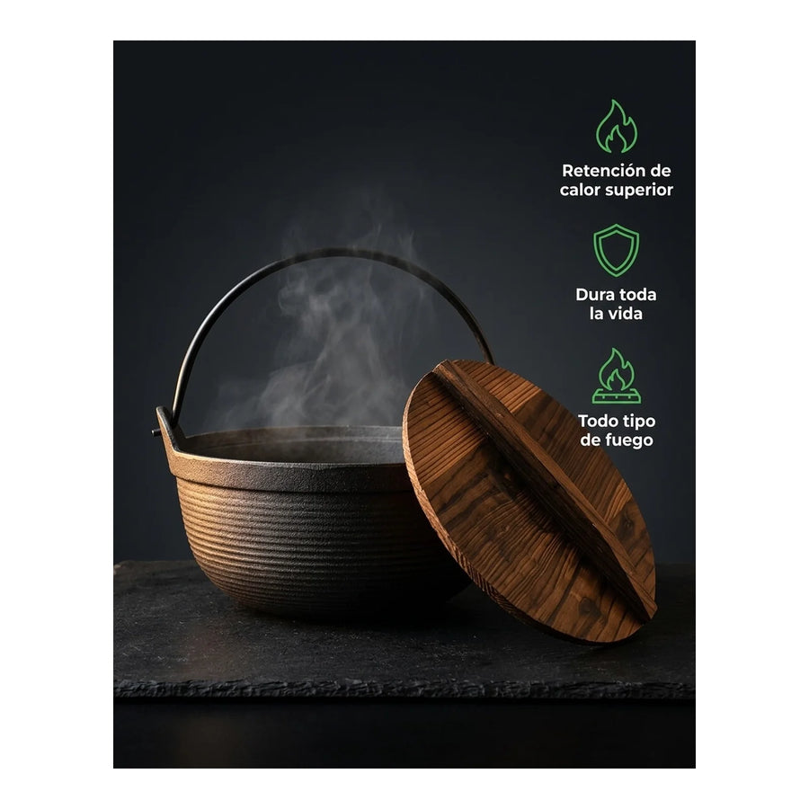 Olla Wayu Hierro Fundido Tapa De Madera 25cm  Asado Cocina