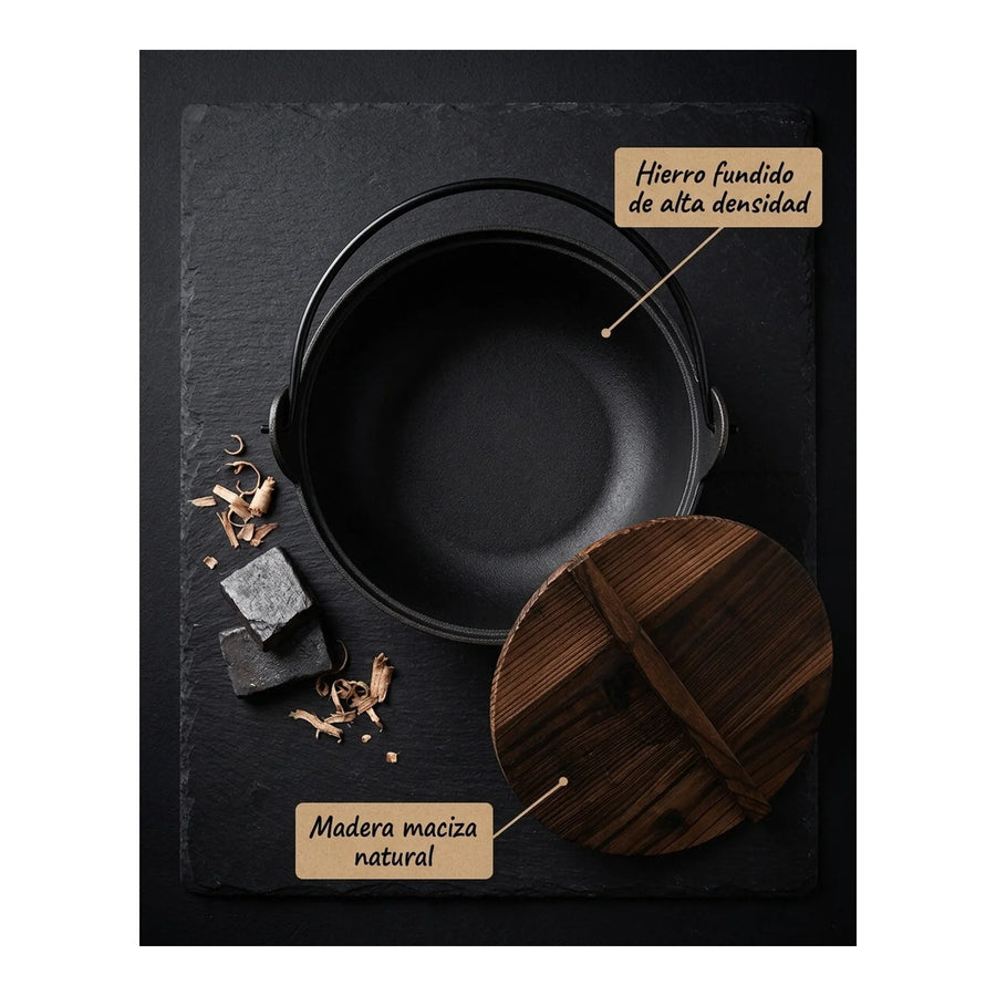 Olla Wayu Hierro Fundido Tapa De Madera 25cm  Asado Cocina