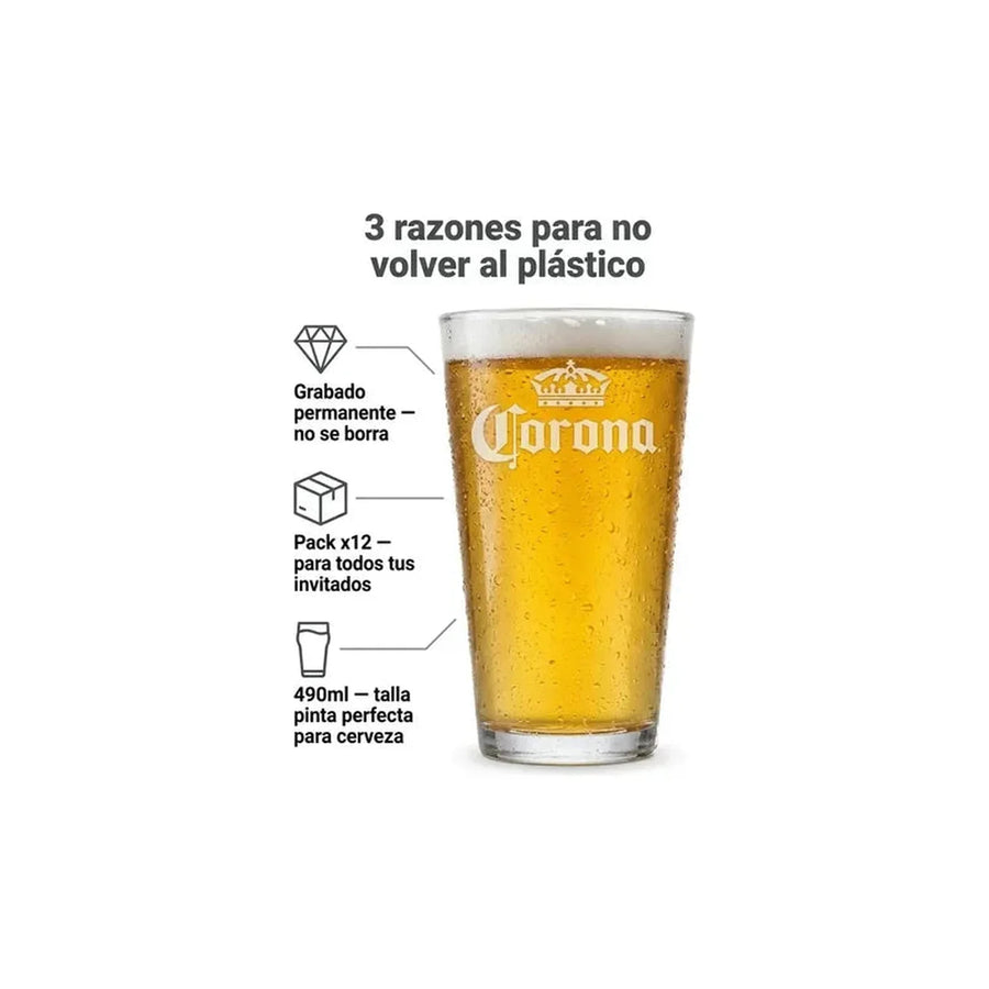 Pack X12 Vasos Grabado Corona Casale 490ml Azul Transparente