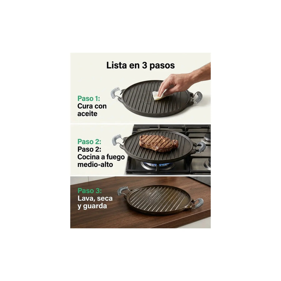 Plancha Churrasquera Reversible 31cm Hierro Fundido Cocina