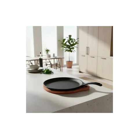 Plancha Sartén Ovalado 24 Cms Fierro + Base Madera Lugano Negro