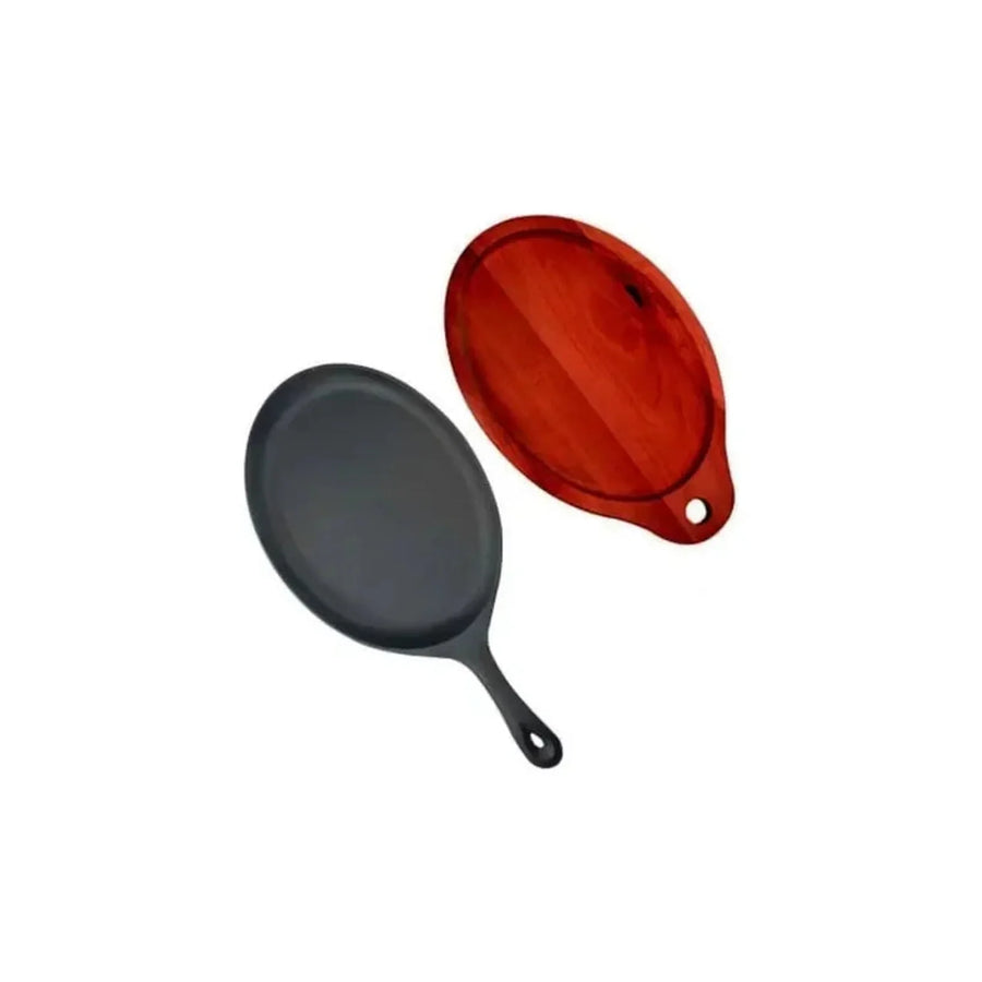 Plancha Sartén Ovalado 24 Cms Fierro + Base Madera Lugano Negro