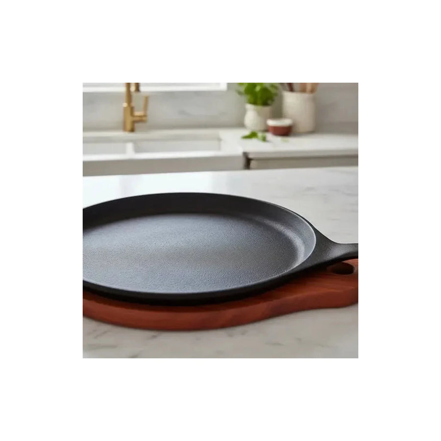 Plancha Sartén Ovalado 24 Cms Fierro + Base Madera Lugano Negro