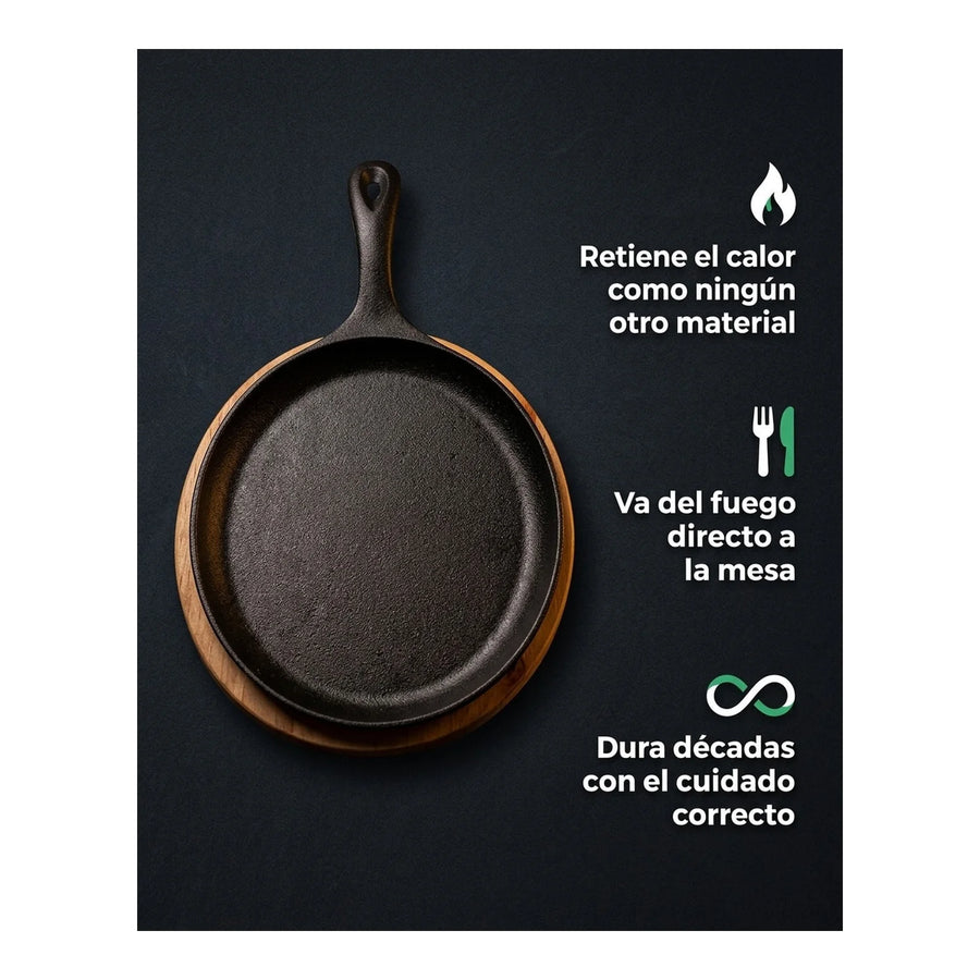 Sartén Ovalado Hierro Fundido Con Base Madera