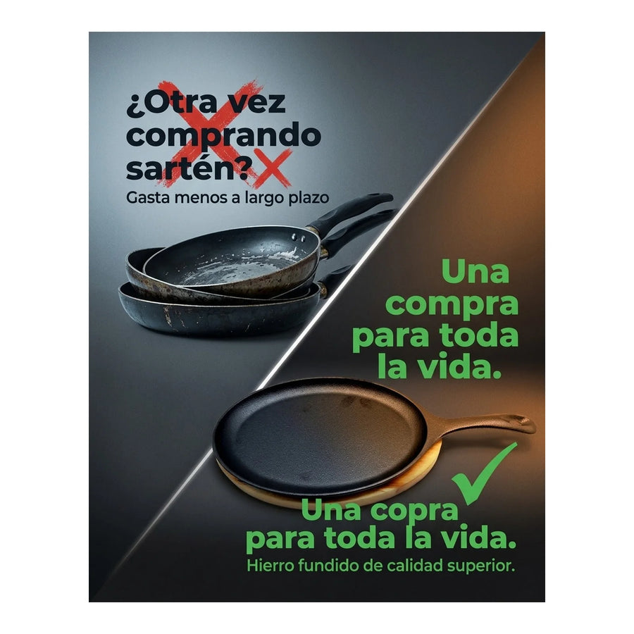 Sartén Ovalado Hierro Fundido Con Base Madera