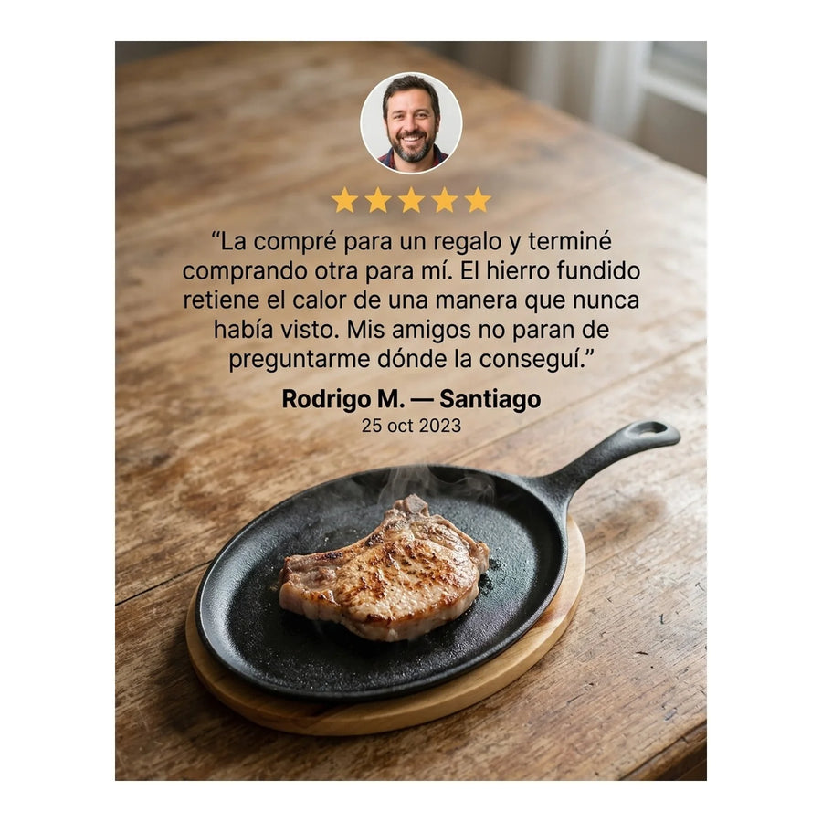 Sartén Ovalado Hierro Fundido Con Base Madera