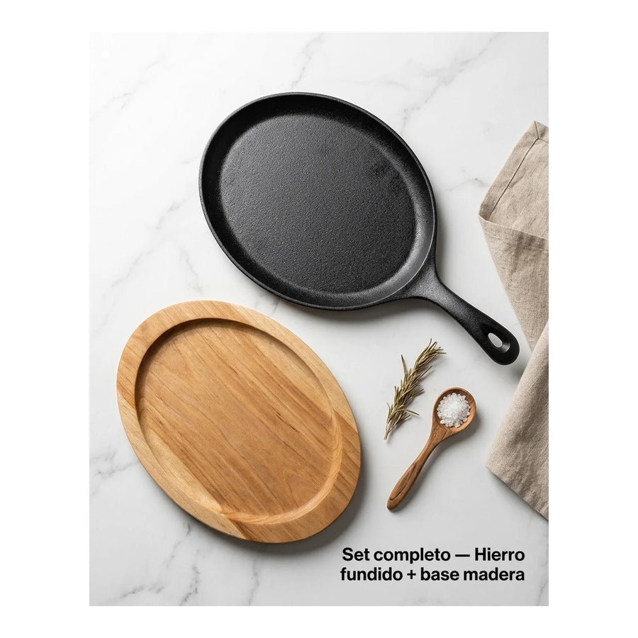 Sartén Ovalado Hierro Fundido Con Base Madera