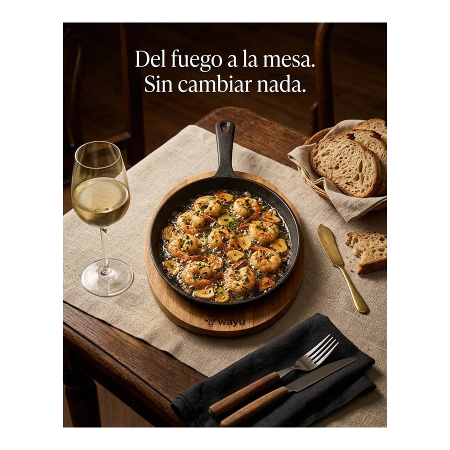 Sartén Ovalado Wayu Hierro Fundido Con Base Madera Fierro