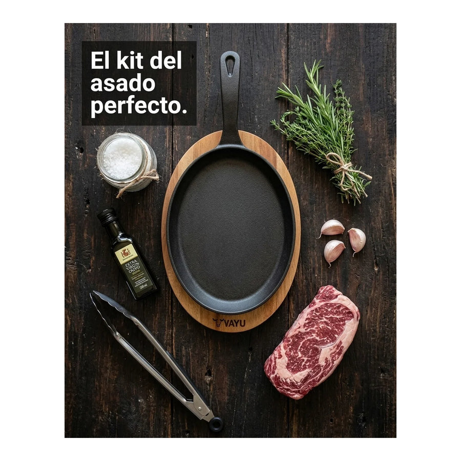 Sartén Ovalado Wayu Hierro Fundido Con Base Madera Fierro