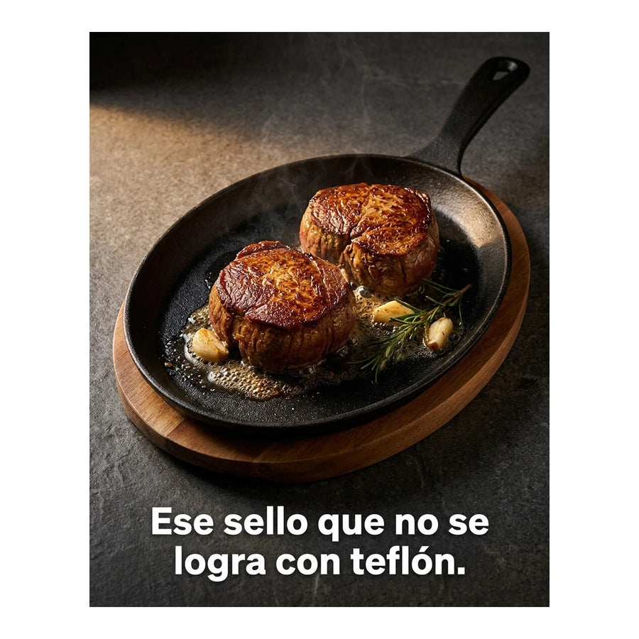 Sartén Ovalado Wayu Hierro Fundido Con Base Madera Fierro