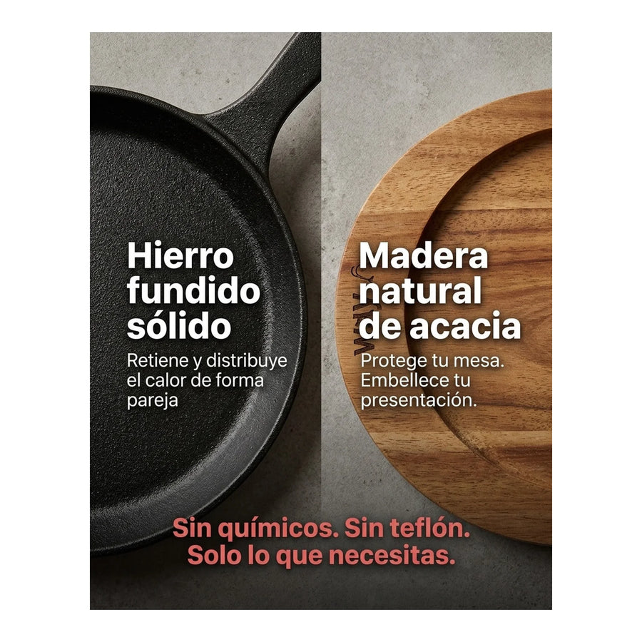 Sartén Ovalado Wayu Hierro Fundido Con Base Madera Fierro