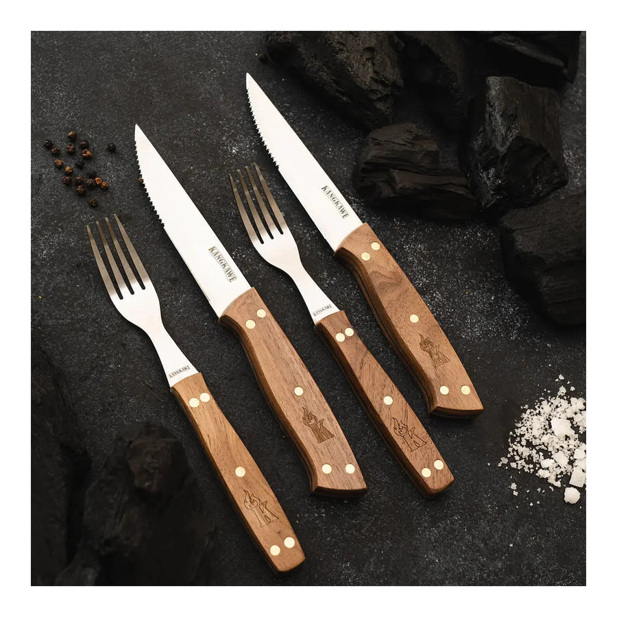 Set 2 cuchillos y 2 tenedores para asado Kangkawe sobre carbón de parrilla