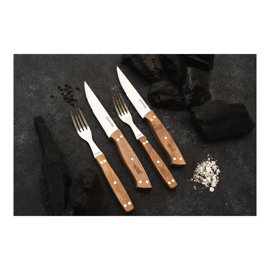Set 2 Cuchillos 5" + 2 Tenedores Asado Kangkawe + Grabado Personalizado