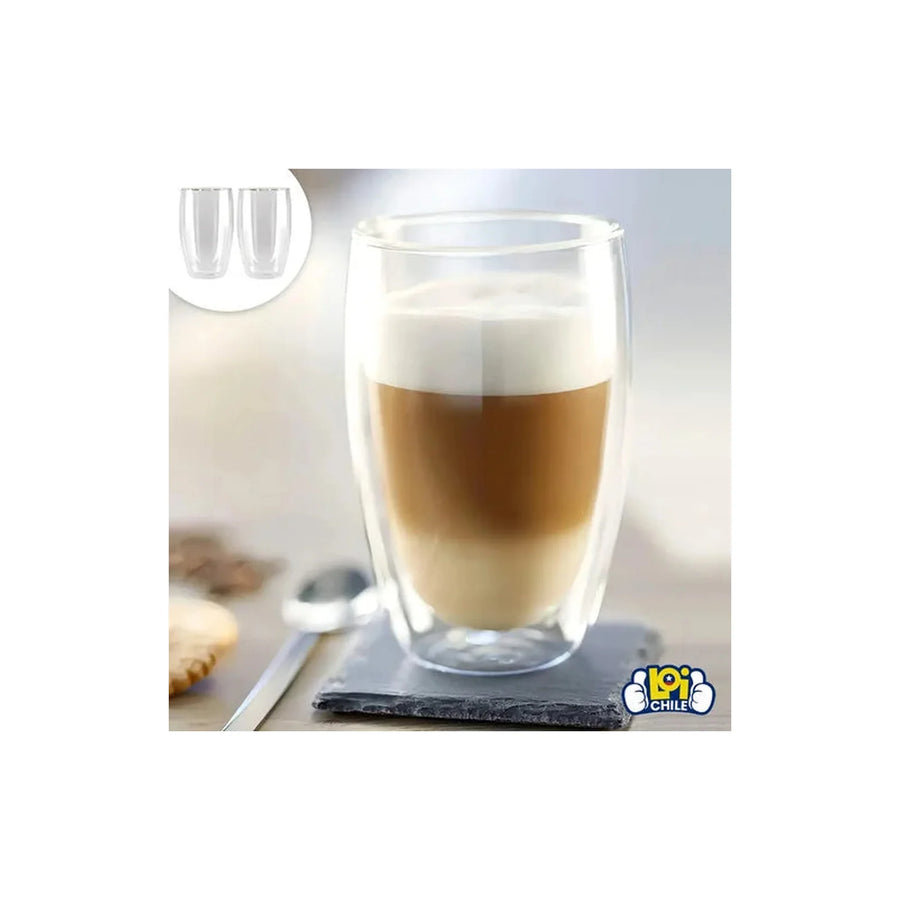 Set 2 Vasos Vidrio Doble Pared Transparente 473 Ml Para Café Glasso