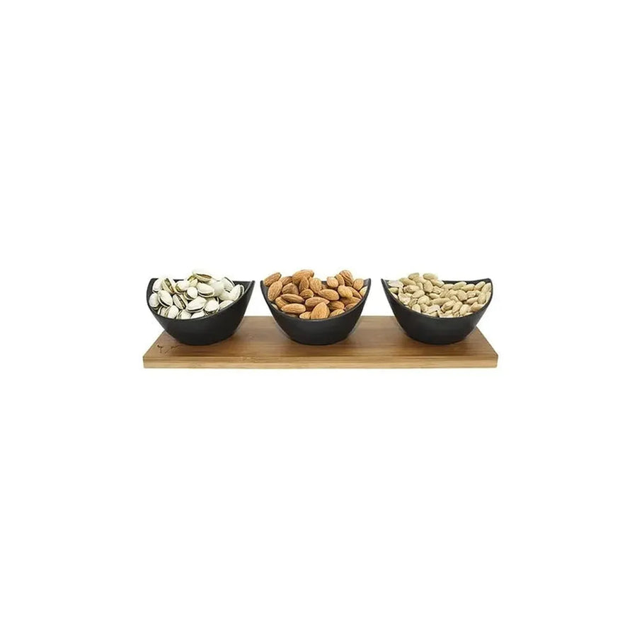 Set 3 Bowls Cerámica Wayu con Bandeja de Bambú Aperitivo