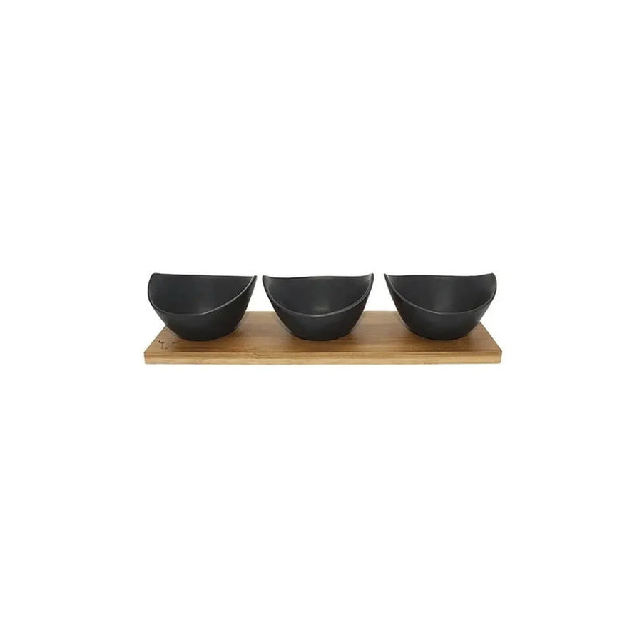 Set 3 Bowls Cerámica Wayu con Bandeja de Bambú Aperitivo
