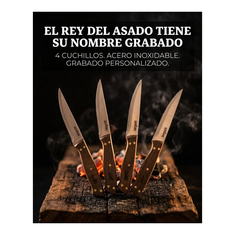 Set 4 Cuchillos Kangkawe Premium Parrilla Cocina Asado Bbq + Grabado Personalizado