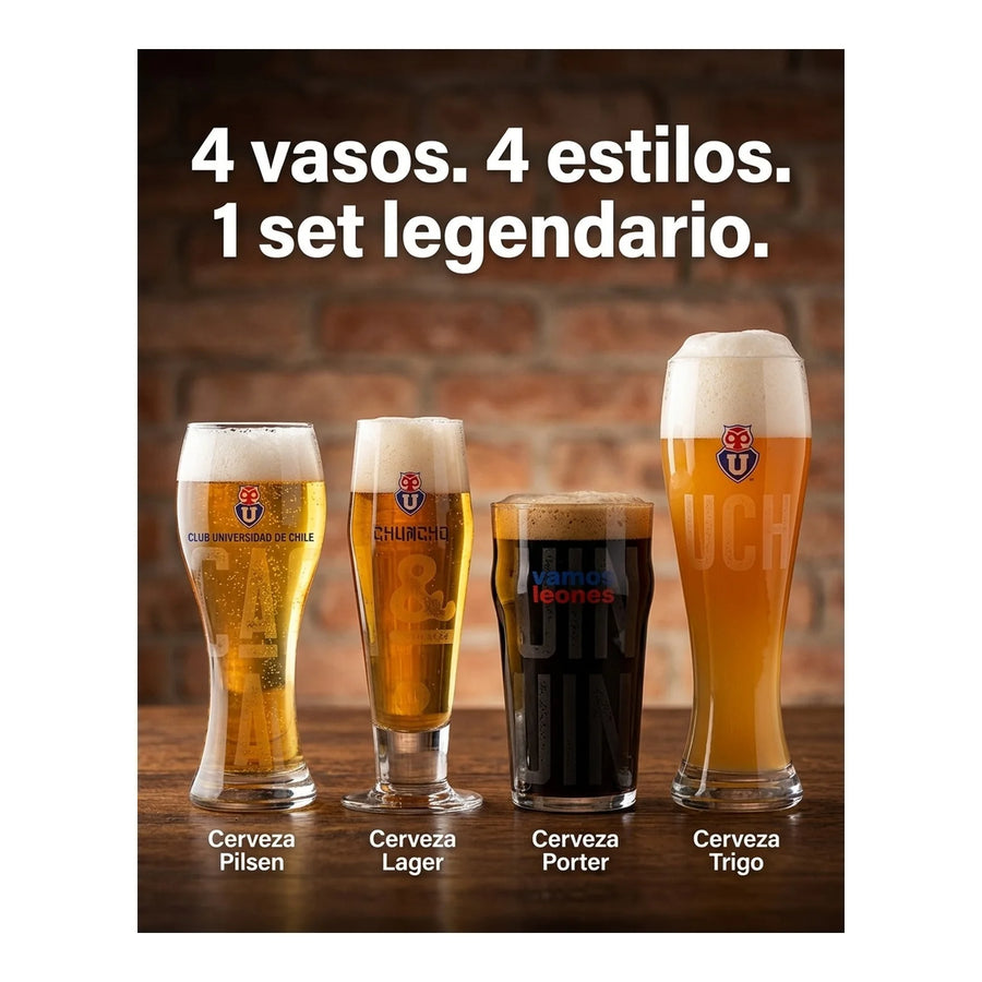Set 4 Vasos Cerveceros U. De Chile Premium Bar Quincho Bbq